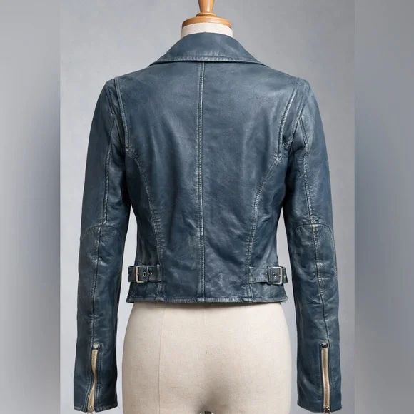 Mauritius Teal Leather Moto Jacket Cropped Biker Gold Hardware Small - Picture 4 of 11